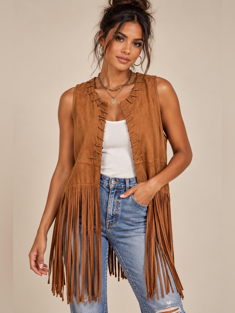 Fringed Faux Suede Vest - Brown M